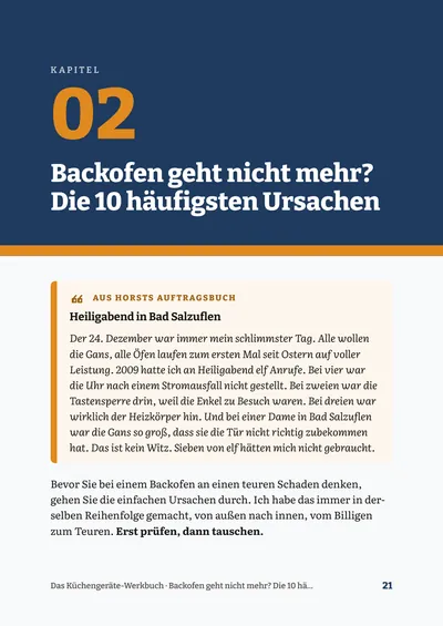 Seite 21 des Werkbuchs: der Anfang von Kapitel 2, „Backofen geht nicht mehr? Die 10 häufigsten Ursachen“, mit der Geschichte „Heiligabend in Bad Salzuflen“
